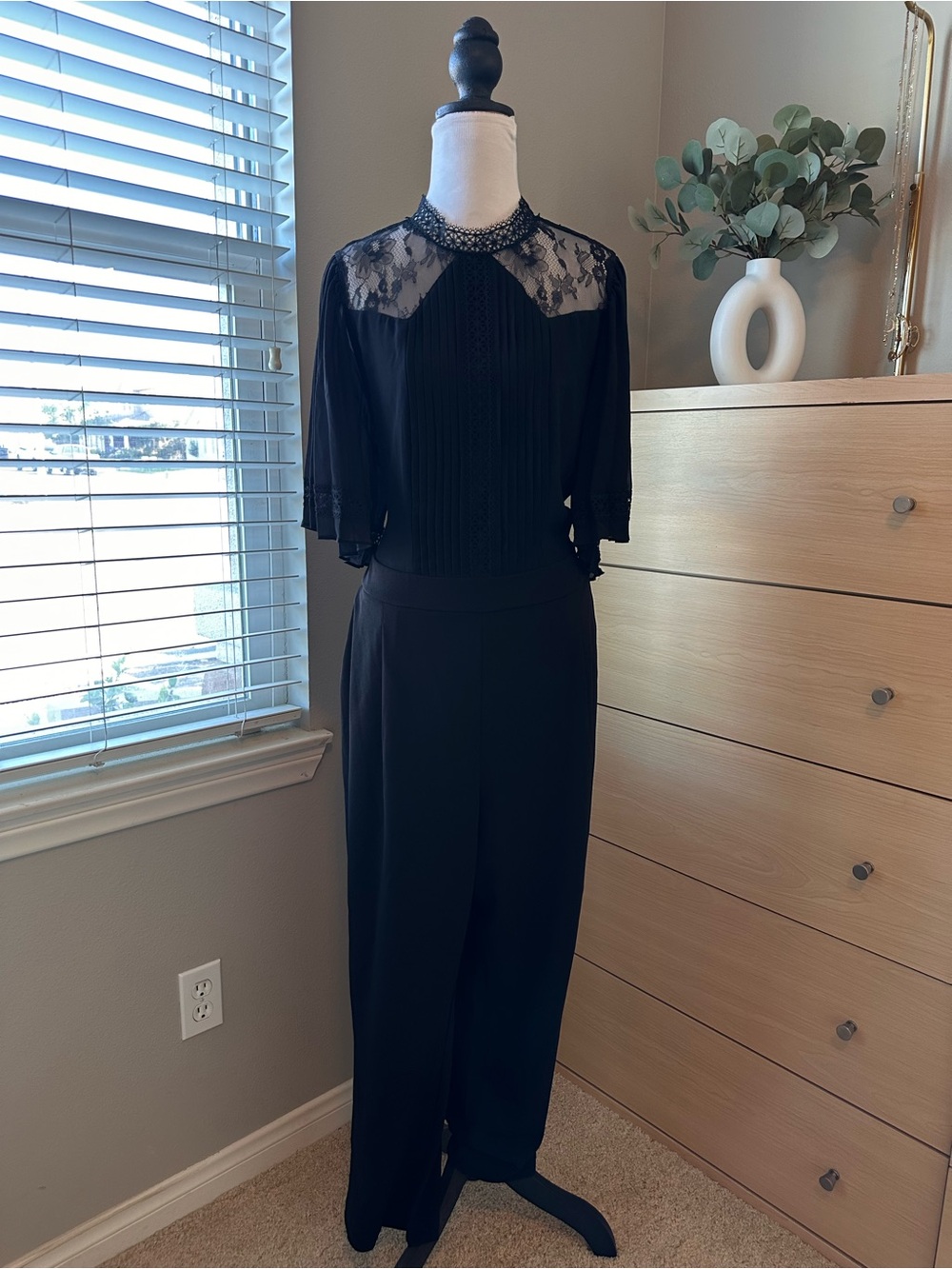 Express Black Lace-Yoke Wide Leg Jumpsuit with Lace Neckline